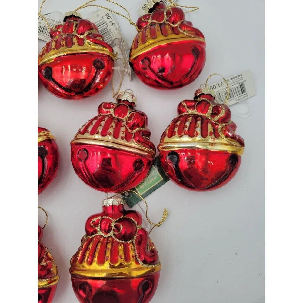 Set Of 11 Blown Glass‎ Ornaments Red And Gold Bell Shaped Christmas Ornaments